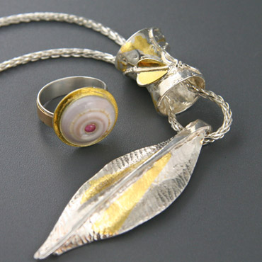 Shell Ring & Leaf Pendant, Fine Silver, 24kt, 14kt Gold
