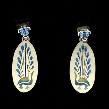 Peacock Earrings 18kt Gold, Enamel, Topaz
