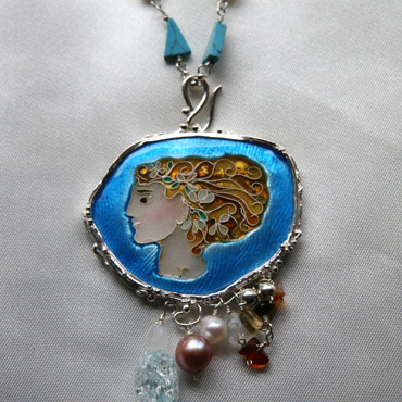 Blue Goddess, Fine Silver Enamel, Pearl & Topaz